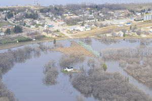 Aerial image of flooding around the St. Jean Baptist Bridge, 2011